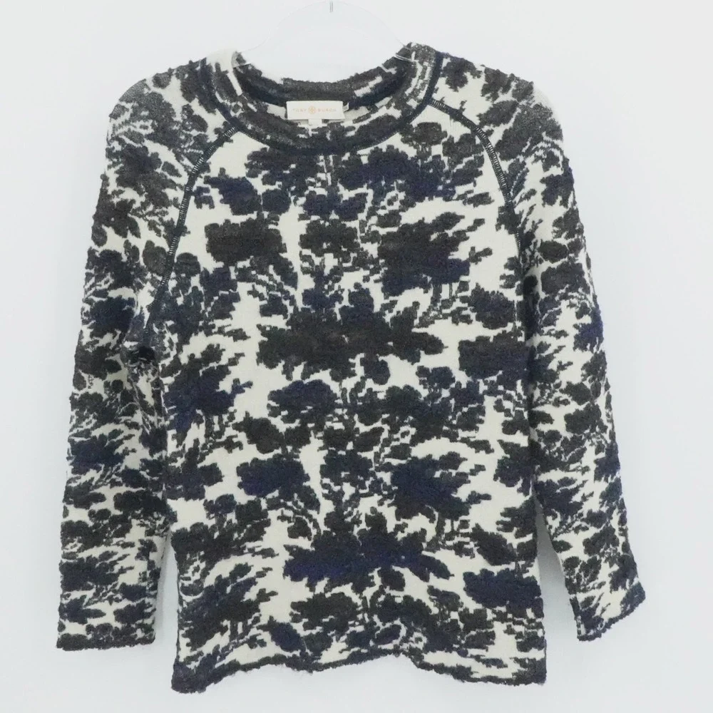 Tory‎ Burch Sweater Womens XS Ivory Floral Jacquard Wool Mohair Blend Fuzzy Cozy